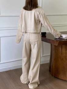 DAZY 女式休闲仿口袋夹克和阔腿牛仔裤套装，秋季 - 米色 - 查看 2