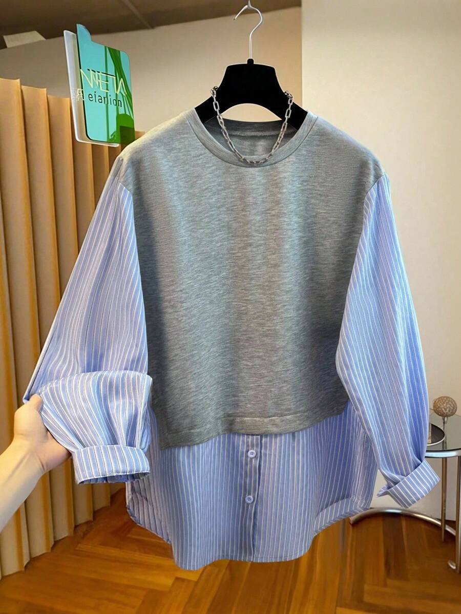 Franclia 女式圆领长袖条纹印花拼布运动衫，秋季服装 - 彩色 - 查看 1