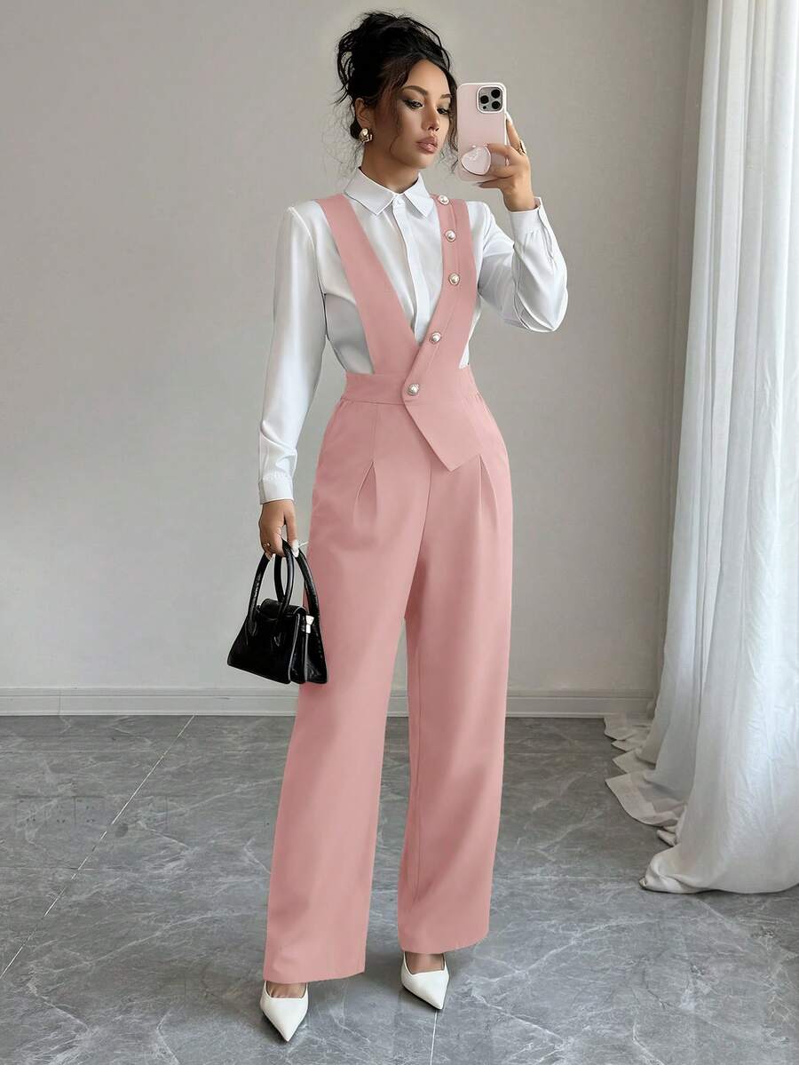 Elenzga 女式新款休闲阔腿连体裤，黑色 - 粉色 - 查看 1