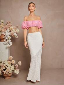 L'Amorae Puff Sleeve Off Shoulder Eyelet Cropped Summer Top, Beach, Vacation Outfits Women, Pink Top - Pink - View 4