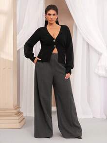 VOLUPTÉ CURVE Plus Size Autumn Flower Black Knit V-Neck Cinched-Waist Button Metal Slim Wool Blend Short Elegant Formal Cardigan For Parties, Going Out, Wedding - Black - View 6