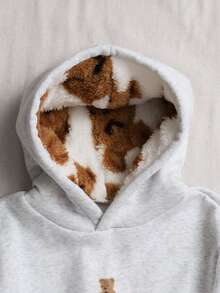 Tween Girls' Casual Street Leopard Faux Fur Hat, Five-Pointed Star & Leopard Print Pattern, Suitable For Street Style, Hooded Sweatshirt - Grey - View 4