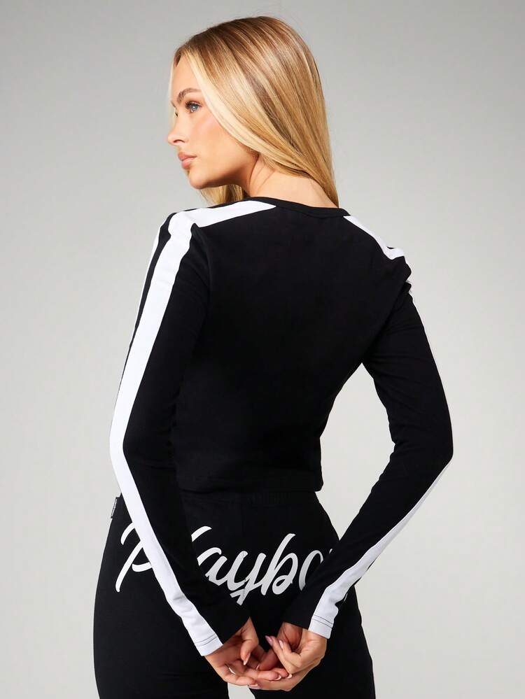 Missguided x Playboy Knopfverschluss Langarm Cardigan Top mit weißem Seitenstreifen Detail für Damen Freizeitmode