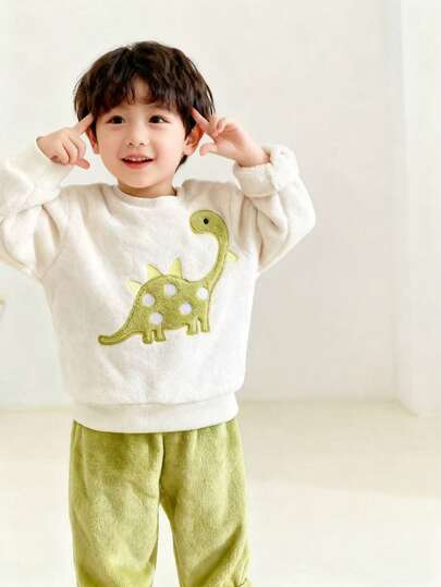 2 件套幼儿男童可爱简约恐龙刺绣圆领长袖上衣和宽松休闲裤毛绒睡衣套装，适合家居穿着