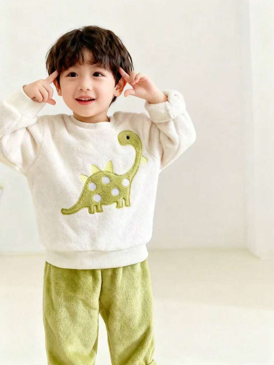 2 件套幼儿男童可爱简约恐龙刺绣圆领长袖上衣和宽松休闲裤毛绒睡衣套装，适合家居穿着