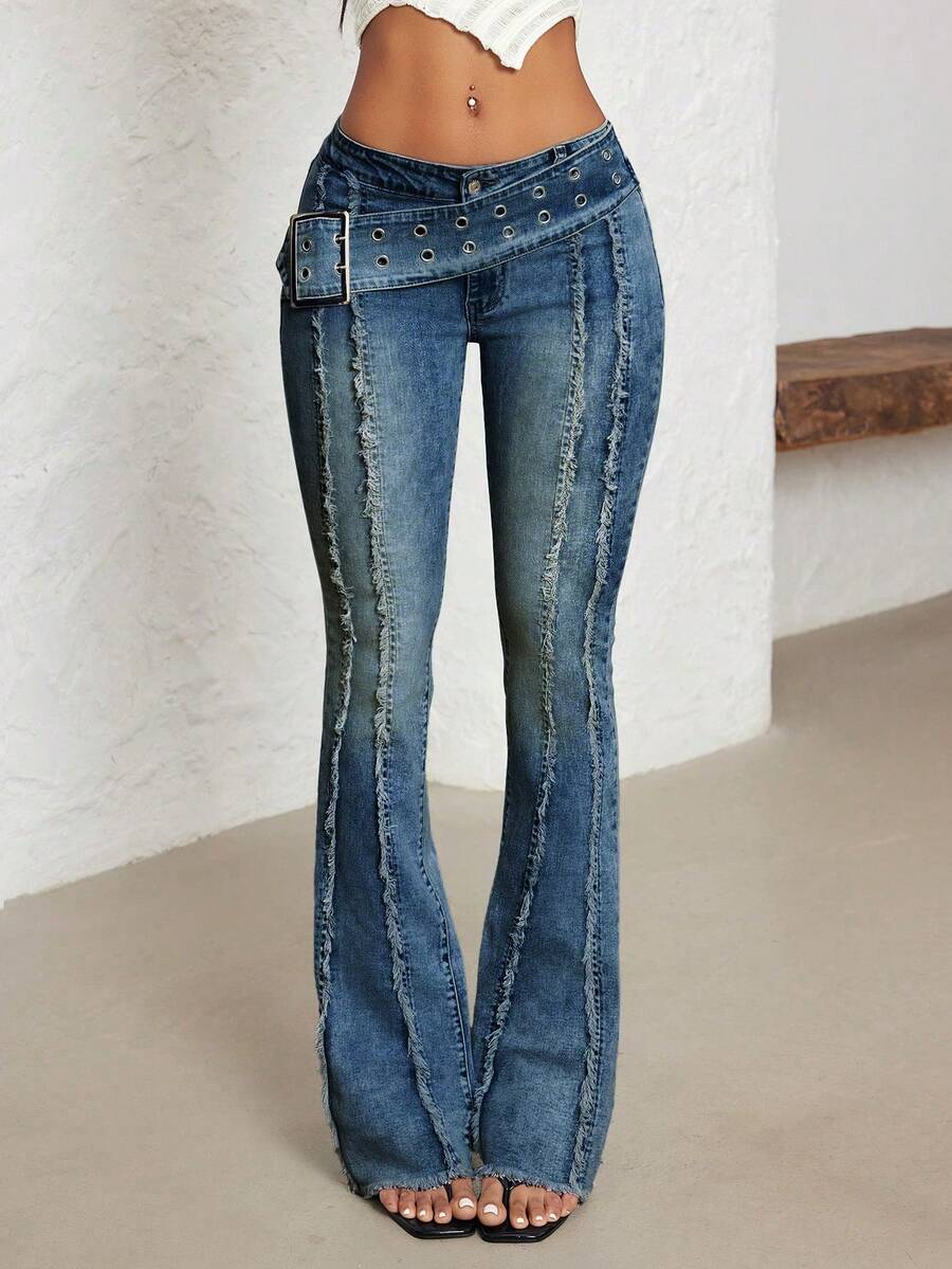 SHEIN Tall 休闲水洗低腰修身喇叭牛仔裤 - 深色水洗藍 - 查看 1