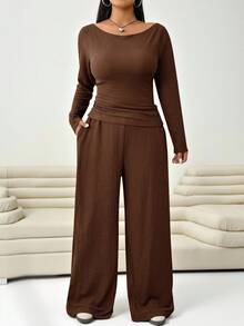 Solflare 2件套加大码纯色纹理长袖上衣和裤子套装 - 棕色 - 查看 4