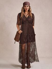 Freevana 夏季乡村音乐节服装纯色度假风格蕾丝连衣裙高开衩音乐节 - 咖啡棕 - 查看 4