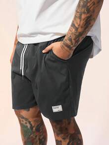 EASEVO Quần short ống đứng thường ngày họa tiết chữ cái cỡ lớn có dây rút, túi eo cho nam - Xám - Xem 5