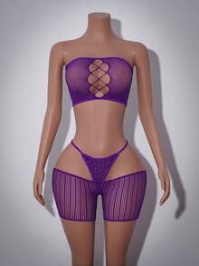 AltCore 3pcs Women's Sexy Rhinestone Mesh Lingerie Set