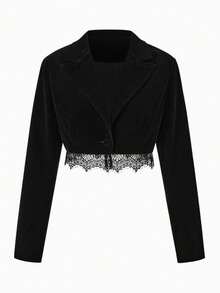 INAWLY مجموعة جاكيت قصيرة وشورت مزينة بالدانتيل الأسود قطعتان