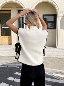 Serisse 女士撞色滚边立领侧开衩系带针织背心，秋冬季，新年，感恩节 - 杏色 - 查看 2