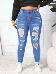 大码女式高腰口袋做旧紧身休闲百搭牛仔裤 - 淺色水洗藍 - 查看 6