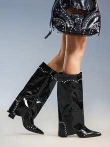 CUCCOO GRLICON 女式高筒尖头粗跟侧拉链靴，时尚欧美风格，适合万圣节、圣诞节、派对、Y2K、朋克、摩托车装扮 - 黑色 - 查看 3