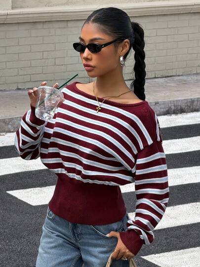 Muchica Jersey ajustado para mujer con cuello de barco y hombros caídos con rayas de contraste