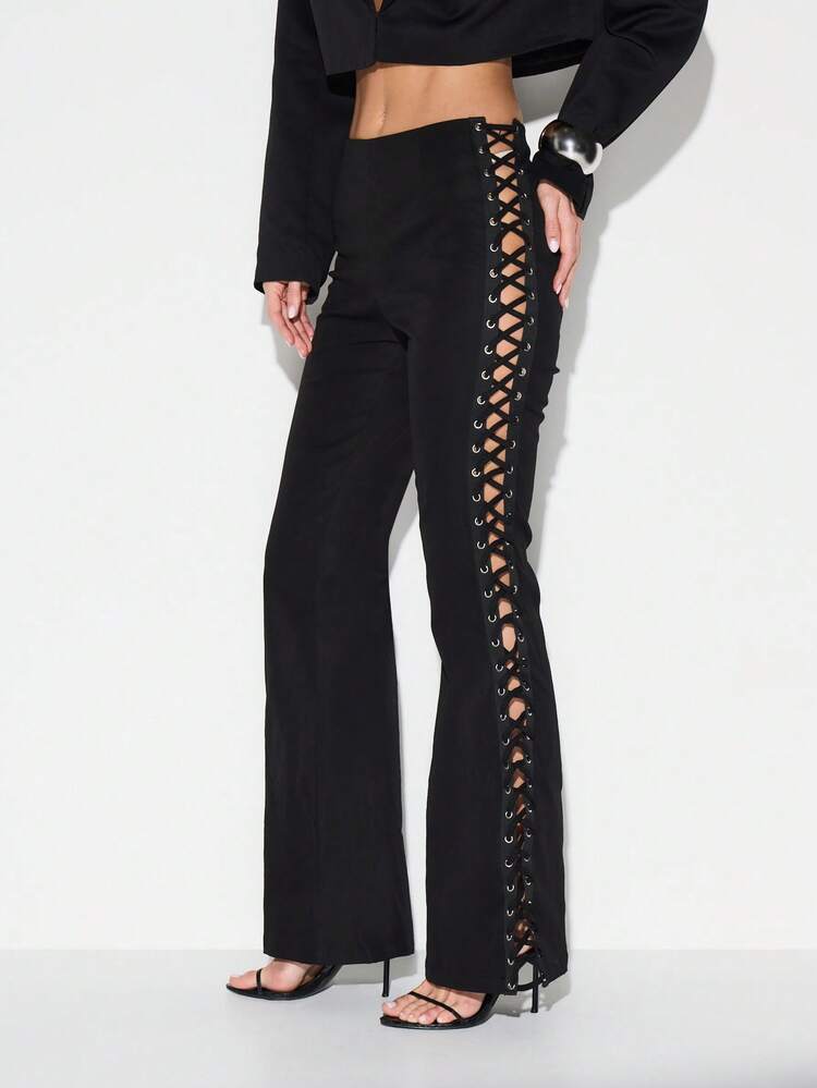 KIZN High Waisted Lace Up Side Flare Pants With Metal Eyelets Perfect For Night Out Events