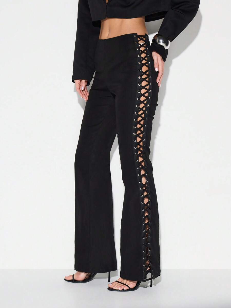KIZN High Waisted Lace Up Side Flare Pants With Metal Eyelets Perfect For Night Out Events - Black - View 1