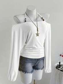 SHEIN Unity 黑色串珠装饰露肩长袖宽松上衣，优雅简约的设计，适合工作、约会、派对、休闲穿着，适合秋冬季 - 白色 - 查看 4