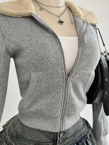SHEIN Unity 女士灰色拼布毛领拉链运动衫，带口袋，长袖罗纹运动衫，秋冬，简约，休闲，适合教师，学生，复古街头风格，通勤，休闲，运动，家居 - 灰色 - 查看 4