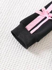 2 件套女童休闲蝴蝶结运动衫和裤子套装，轻便春夏装 - 黑色 - 查看 5