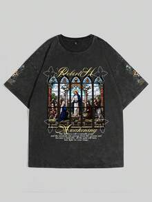 GENIUS ODE 大码男士休闲时尚街头耶稣标语印花落肩宽松水洗 T 恤，夏季 - 黑色 - 查看 2