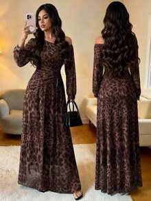 Rafferiza Women's Elegant Leopard Print Brown Checkered Mesh Asymmetrical Shoulder Long Dress,Autumn Date Wedding Guest Homecoming Party Ruched A-Line Gown - Coffee - View 2