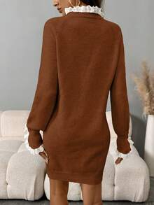 SHEIN LUNE Women's Casual Lace Collar Raglan Sleeve Knitted Dress, Autumn/Winter - Rust Brown - View 2