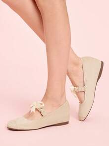 CUCCOO DOLLMOD أحذية نسائية بيج بتصميم بسيط بأصبع قدم مستدير مزينة بفيونكة مرنة، أحذية ماري جين مريحة بكعب مرتفع