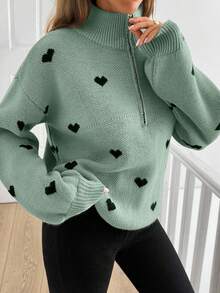 SHEIN Tall Suéter casual feminino alto com estampa de coração e zíper, outono e inverno - Menta verde - Ver 3
