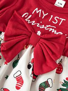Playful Pals Baby Girl Christmas Letter, Christmas Tree, Santa Claus Print Bow Decor Romper Dress + Headband, Autumn/Winter