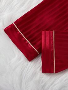 2 件套女童条纹爱心刺绣长袖上衣和裤子休闲舒适睡衣套装 - 紅色 - 查看 7