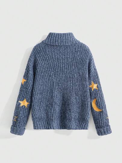Fairycore Suéter holgado de punto con bordado de estrellas y lunas, estilo "Fairy Core" para tallas grandes, moda casual de otoño/invierno con cuello alto para mujeres