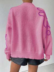 Chiquease Áo khoác cardigan dệt kim dài tay hở vai họa tiết hoa dành cho nữ, mùa thu/đông - Hồng - Xem 2