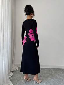 Elenzga Gaun Sweater Bodycon Rajut Jacquard Leher Persegi - Hot Pink - View 2
