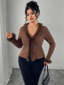 Modelyn Plus Size Elegant & Chic Fuzzy V-Neck Patchwork Flare Sleeve Casual Knit Pullover Top Versatile For Autumn/Winter - Coffee Brown - View 5