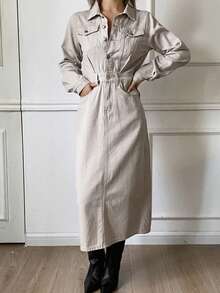 DAZY Women's Casual Washed Denim Dress, Autumn - Beige - View 5