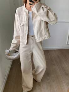DAZY 女式休闲仿口袋夹克和阔腿牛仔裤套装，秋季 - 米色 - 查看 1