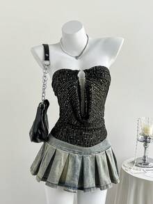 Comfortcana Top corto sin tirantes con estampado de estrellas metálicas estilo Y2K para mujer - Negro y oro - Ver 3