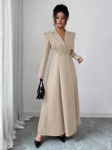 Elenzga 优雅交叉领收腰A字连衣裙，金属花卉图案，适合工作，秋冬，棕色 - 卡其色 - 查看 4