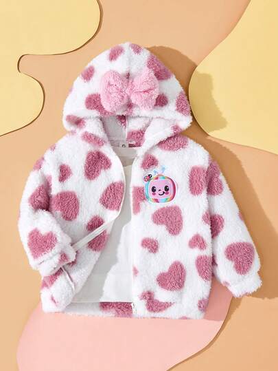 CoComelon X SHEIN Young Girl Pink & White Heart Pattern Watermelon Embroidery Plush Bow Hooded Coat, Suitable For Autumn/Winter