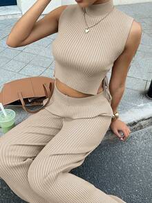 SHEIN Unity Ensemble 2 pièces femme, Top tricoté court ajusté avec col roulé et lien sur le côté, et pantalon, style décontracté et minimaliste pour le travail, automne - Tabac - Voir 6