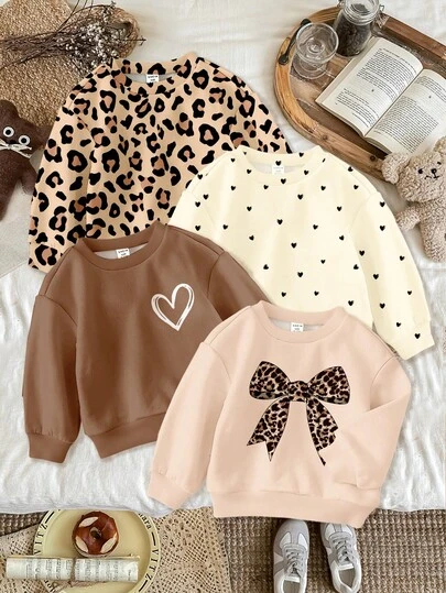 四件套，奶油白、奶油米色、奶油曲奇、摩卡色调，复古豹纹蝴蝶结，迷你波点爱心图案，少女休闲宽松圆领舒适日常针织长袖卫衣，适合秋冬季穿着。