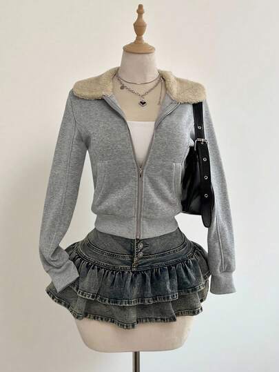 Elamini Sudadera con cremallera, cuello de piel y bolsillos en gris con parches para mujer, sudadera de manga larga con puños acanalados, adecuada para otoño/invierno, minimalista, casual, apta para profesores, estudiantes, estilo callejero vintage, ir y venir, ocio, deportes, hogar