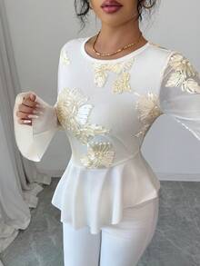 SHEIN Raffinéa Women's Elegant And Romantic Autumn Top With Patchwork Jacquard Floral Pattern, Asymmetric Hem, And Flared Sleeves, Perfect For Dates And Outings. - Apricot - View 7