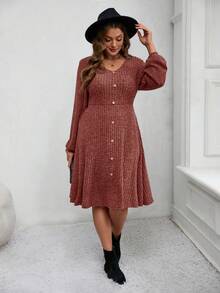 EMERY ROSE Plus Size Women's Lantern Sleeve Textured Button Decor Midi Dress,Fall Women Clothes New Year Clothes  Clothes For New Year Christmas Clothes  Party Dress Winter Clothes For Women Cozy Fall And Winter Clothes For Women