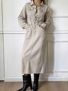 DAZY Women's Casual Washed Denim Dress, Autumn - Beige - View 1