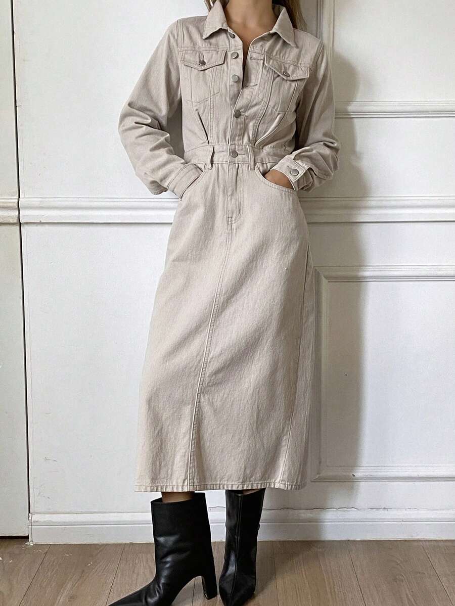 DAZY Women's Casual Washed Denim Dress, Autumn - Beige - View 1