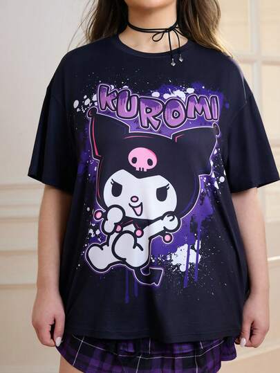 HELLO KITTY AND FRIENDS | SHEIN Plus Size Women Casual Cute Cartoon Letter Print Loose Fit Drop Shoulder T-Shirt, Summer