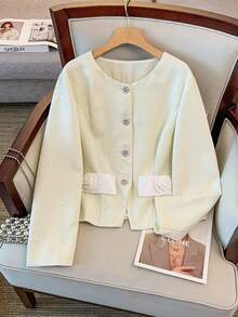 GlowEve CURVE Plus Size Elegant Solid Color Floral Embroidered Round Neck Loose Fit Button-Up Long Sleeve Jacket, Autumn/Winter - Apricot - View 1