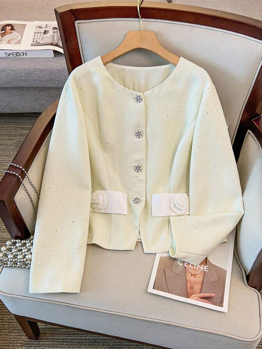 GlowEve CURVE Plus Size Elegant Solid Color Floral Embroidered Round Neck Loose Fit Button-Up Long Sleeve Jacket, Autumn/Winter - Apricot - View 1